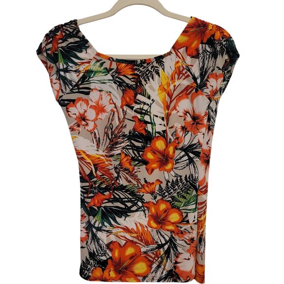 Esperance Paris Floral Top Womens Large Orange Tropical Print Short Sleeve - Picture 2 of 8